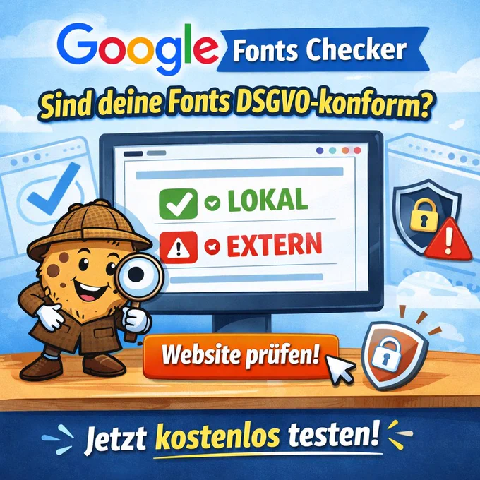 Das Bild zeigt eine farbige, freundliche Illustration zum Thema Datenschutz und Google Fonts. Im Zentrum steht ein Computerbildschirm, auf dem ein Prüfergebnis angezeigt wird. Ein grünes Häkchen mit der Beschriftung „Lokal“ signalisiert eine datenschutzkonforme Einbindung von Schriftarten, darunter ein rotes Warnsymbol mit der Beschriftung „Extern“, das auf eine problematische externe Einbindung hinweist.

Links vor dem Bildschirm steht eine Comic-Figur in Detektiv-Optik mit Lupe, die symbolisch für die Überprüfung einer Webseite steht. Rechts und im Hintergrund sind Schutz- und Warnsymbole zu sehen, darunter ein Schloss und ein Ausrufezeichen, die das Thema Datenschutz und Sicherheit visuell unterstreichen.

Am unteren Bildrand befindet sich ein auffälliger Call-to-Action-Button mit der Aufschrift „Website prüfen!“ sowie der ergänzende Text „Jetzt kostenlos testen!“. Das Design ist modern, übersichtlich und nutzt freundliche Blau-, Grün- und Orangetöne, passend zu einem Web- und Techn