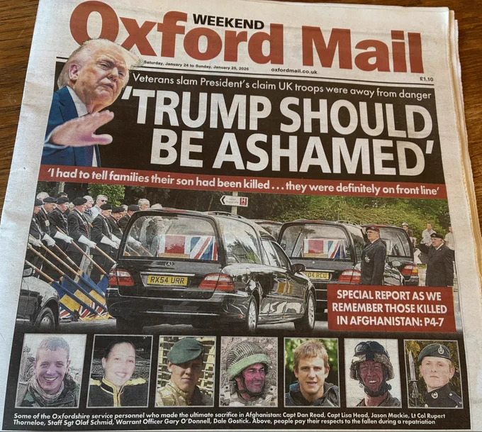 Front page of Oxford Mail newspaper with the headline ‘Trump should be ashamed’ and pictures of a funeral of service people and pictures of local servicemen and women who died in combat.