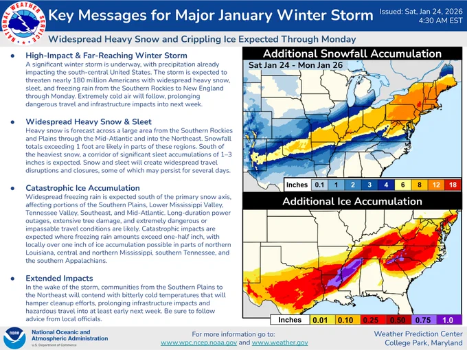 High-Impact & Far-Reaching Winter Storm 
A significant winter storm is underway, with precipitation already impacting the south-central United States. The storm is expected to threaten nearly 180 million Americans with widespread heavy snow, sleet, and freezing rain from the Southern Rockies to New England through Monday. Extremely cold air will follow, prolonging dangerous travel and infrastructure impacts into next week.

Widespread Heavy Snow & Sleet
Heavy snow is forecast across a large area from the Southern Rockies and Plains through the Mid-Atlantic and into the Northeast. Snowfall totals exceeding 1 foot are likely in parts of these regions. South of the heaviest snow, a corridor of significant sleet accumulations of 1–3 inches is expected. Snow and sleet will create widespread travel disruptions and closures, some of which may persist for several days.
