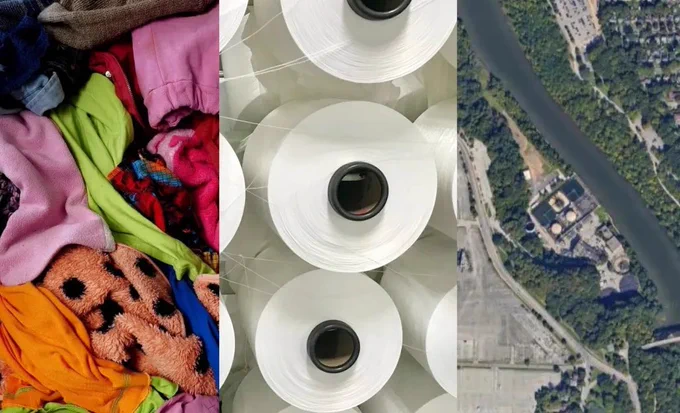 Textile waste, spools of polyester and an aerial view of Eastman Business Park. Source: Reju / Shutterstock