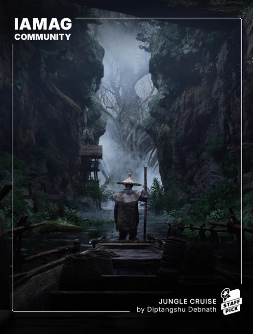 Image titled 'Jungle Cruise' by Diptangshu Debnath, featuring a person in explorer attire standing at the stern of a boat, floating on a river through a misty, rocky jungle landscape. This artwork is highlighted as a staff pick on IAMAG Community.