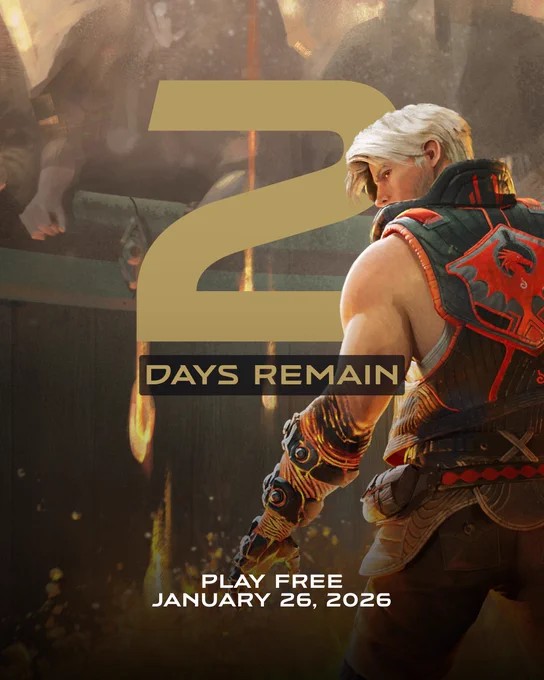 A muscular man with light blonde hair and a sleeveless jacket facing a fiery siege with flames falling around him. A large gold "2" and "Days Remain" text overlay the scene, with "Play Free January 26, 2026" at the bottom.
