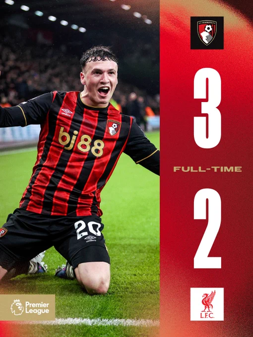 Full-time: AFC Bournemouth 3-2 Liverpool.