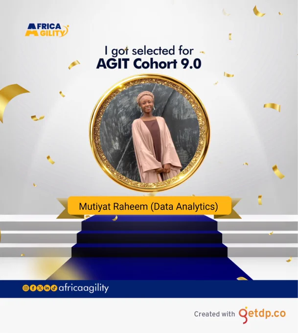 Congratulatory flyer of Africa Agility congratulating Mutiyat Raheem for being selected for AGIT Cohort 9.0
Data Analytics Track