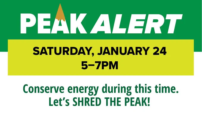 Peak Alert Saturday, January 24, 5-7PM