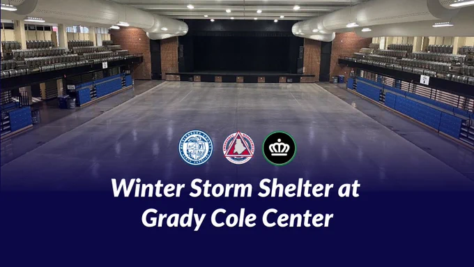 Winter Storm Shelter at Grady Cole Center with an image of the empty center behind the text.