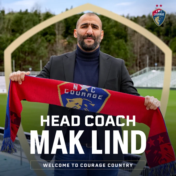 "Head Coach - Mak Lind - Welcome to Courage Country" graphic with photo of Mak holding a Courage scarf at First Horizon Stadium