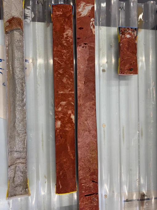Drill Cores that remind of tomato sauce - this inspried a discussion of favourite pizza toppings in the science team - poll on the whiteboard is still ongoing.

