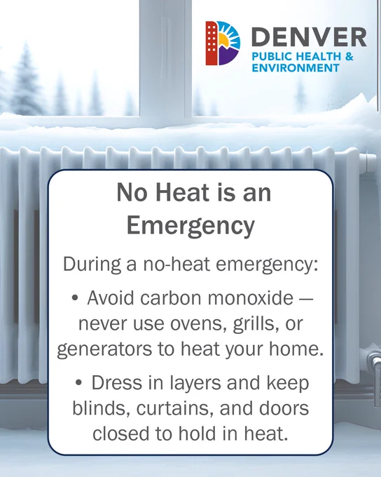 Denver Public Health & Environment poster advising on no heat emergency response. It lists precautions like avoiding carbon monoxide, not using ovens or grills for heat, and keeping doors, blinds, and curtains closed. The background features a stylized image of a radiator against a frosty window.
