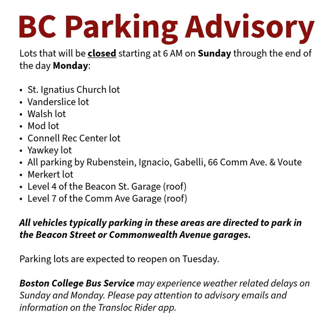 Text notice about parking restrictions at Boston College due to an event, listing closed lots and advising on public transportation options with a reminder to check the Transloc Rider app for updates.