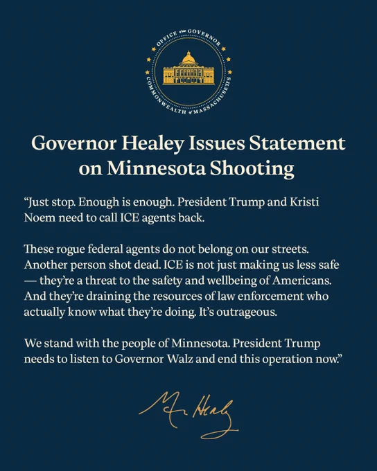 “Just stop. Enough is enough. President Trump and Kristi Noem need to call ICE agents back. 

These rogue federal agents do not belong on our streets. Another person shot dead. ICE is not just making us less safe — they’re a threat to the safety and wellbeing of Americans. And they’re draining the resources of law enforcement who actually know what they’re doing. It’s outrageous. 

We stand with the people of Minnesota. President Trump needs to listen to Governor Walz and end this operation now.” 