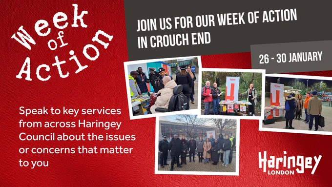 A promotional flyer/poster for our latest Week of Action in Crouch End next week (Monday 26 January-Friday 30 January 2026).