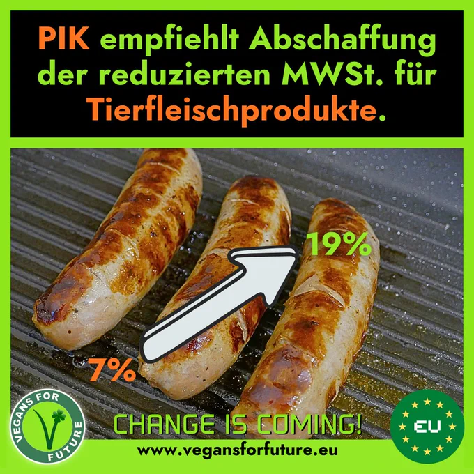 Text: "PIK empfiehlt Abschaffung der reduzierten Mehrwertsteuer für Tierfleischprodukte."

Auf dem Bild sieht man drei Bratwürste und einen Pfeil, der von 7% auf 19% ansteigt.