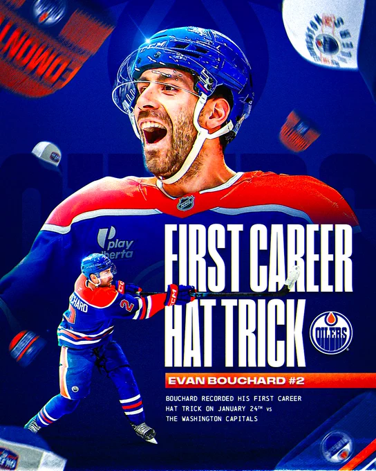 Main: Two cutouts of Evan Bouchard in an Edmonton Oilers uniform on a blue background with hats flying around him\n\nBottom right: White text reading, \"First Career Hat Trick. Evan Bouchard #2. Bouchard recorded his first career hat trick on January 24th vs the Washington Capitals!