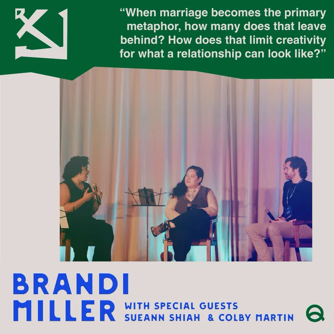 A photo of Brandi Miller (she/her), Sueann Shiah (she/her), and Colby Martin (he/him) speaking on screen with the above quote in white text above them.