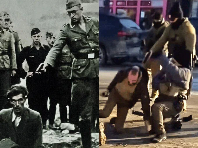 A side by side photo. The left side shows "The Last Jew in Vinnitsa." The left side shows a still frame of the murder of Alex Pretti. 