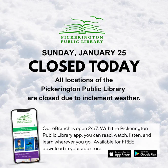 Cellphone displaying the Pickerington Public Library app. Snow background.