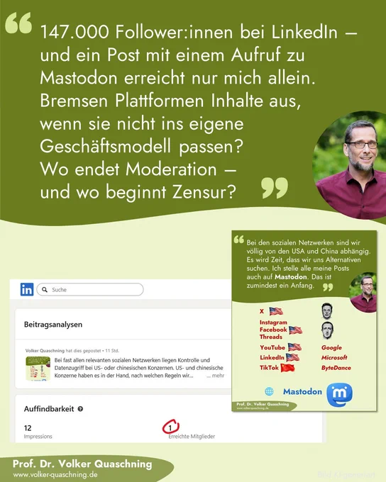 147.000 Follower:innen bei LinkedIn – und ein Post mit einem Aufruf zu Mastodon erreicht nur mich allein. Bremsen Plattformen Inhalte aus, wenn sie nicht ins eigene Geschäftsmodell passen? Wo endet Moderation – und wo beginnt Zensur?