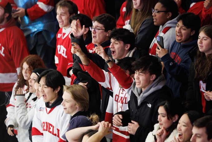 Crowd of enthusiastic Cornell University fans wearing team colors and cheering at a sports event.