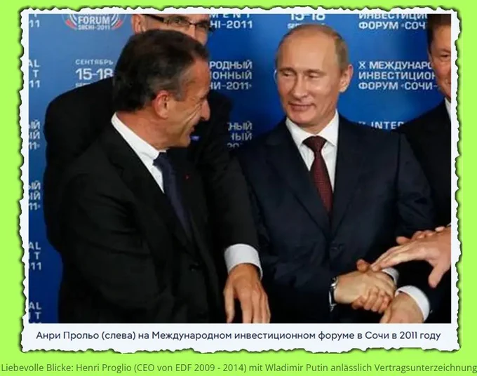 Liebevolle Blicke: Henri Proglio (CEO von EDF 2009 - 2014) mit Wladimir Putin anlässlich Vertragsunterzeichnung in Sotchi (2011) Screenshot DW.ru 