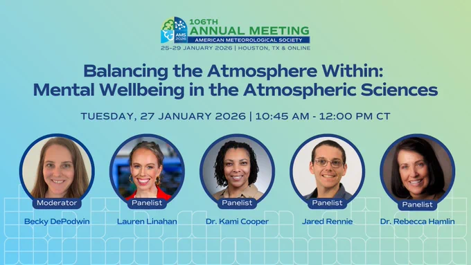Graphic for the 106th AMS Annual Meeting Presidential Session titled "Balancing the Atmosphere Within: Mental Wellbeing in the Atmospheric Sciences," on January 27, 2026. Features headshots and names of five professionals with their roles labeled: Moderator Becky DePodwin, and panelists Lauren Linahan, Dr. Kami Cooper, Jared Rennie, and Dr. Rebecca Hamlin.