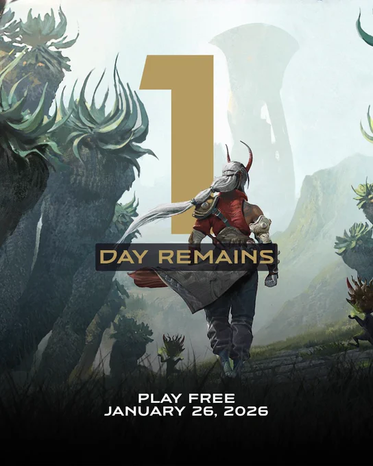 A horned character with flowing white hair and a red outfit walks away from the viewer through a lush, fantastical landscape filled with towering plant-like creatures. A large gold "1" and "Day Remains" text overlay the scene, with "Play Free January 26, 2026" at the bottom.