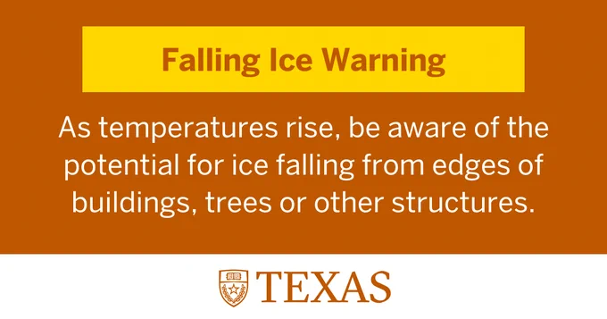 Falling Ice Warning graphic advising to be cautious of ice falling from buildings, trees, or other structures as temperatures rise.