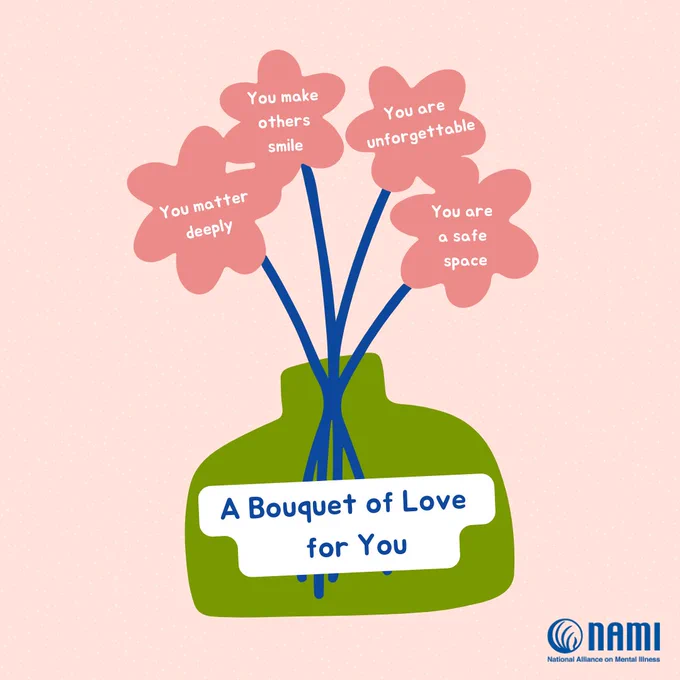 Graphic with an illustration of a bouquet of 4 pink flowers in a green vase. 

On each of the flowers is the following text: 

- You matter deeply
- You make others smile
- You are unforgettable
- You are a safe place. 