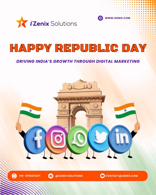 Celebrating the spirit of India and the power of digital innovation. On this Republic Day, we honor the values that drive growth, unity, and progress while continuing our journey of empowering brands through impactful digital marketing solutions.

#HappyRepublicDay
#RepublicDayIndia
#ProudToBeIndian
#DigitalMarketing
#DigitalGrowth
#MakeInIndia
#IndiaGrowthStory
#BrandBuilding
#OnlineMarketing
#BusinessGrowth
#StartupIndia
#IndianBrands
#iZenixSolutions