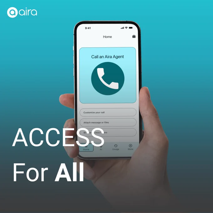 Hand holding a smartphone displaying the Aira app with the call option highlighted. Text overlay reads "ACCESS For All."