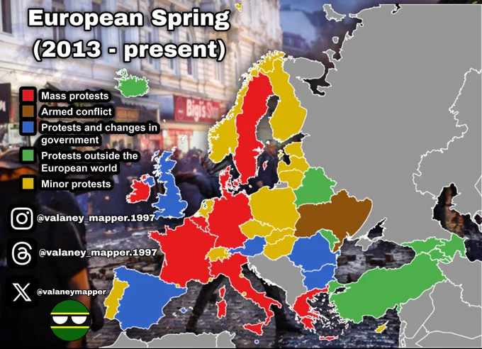 European Spring (2013 - present) 🇪🇺💥

This country is part of the European world and not very free. That's why the European Spring began in early 2013, and in some countries leading to civil wars, and  one of those countries it's was Ukraine. Like other European countries.