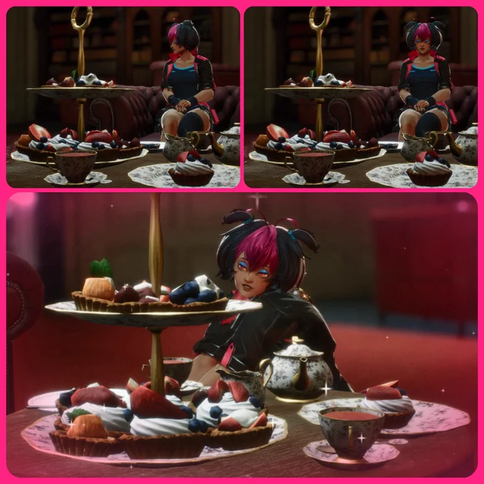 softbugz made in the CODE VEIN II character creator demo and placed in front of a table with some tea, pie, and many tarts