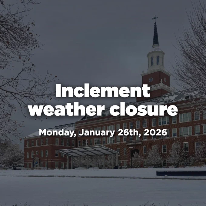 Image of a snow-covered building with a steeple, labeled with a notice announcing an inclement weather closure on Monday, January 26th, 2026.