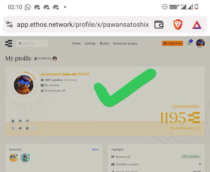 screenshot of an ethos network profile page showing a verified account with 100 percent positive sentiment, a reputation score around 1195, and a green check mark highlighting the profile status. text mentions limited invites for verified accounts.
