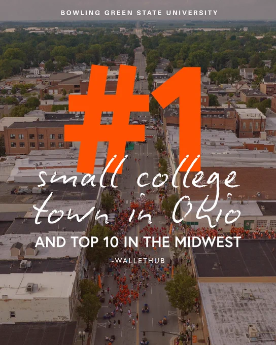 Aerial view of a tree-lined street in Bowling Green State University, with large text overlay proclaiming "#1 small college town in Ohio and top 10 in the Midwest - WalletHub."