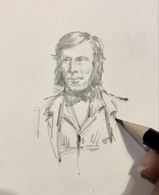 Sandra Russell art graphite pencil sketch of St Andrews golfer Allan Robertson. Hand drawing and holding the pencil on the bottom right of the page.