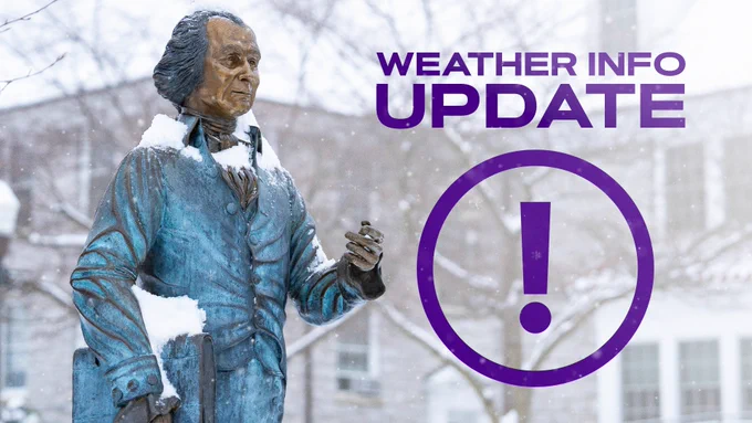 James Madison statue during a snowstorm. A text overlay reads "WEATHER INFO UPDATE"