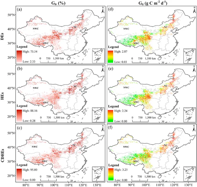 Figure 2. Spatial distribution of grassland GPP loss rate and loss intensity across climate zones in mainland China (1985–2018).