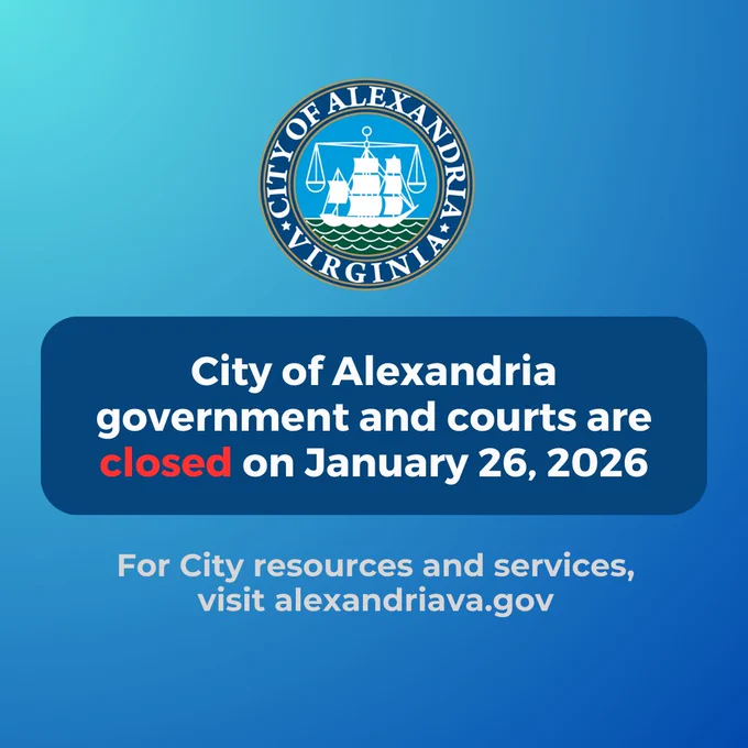 City of Alexandria government offices are closed on January 26, 2026. For city resources and services, visit alexandriava.gov. The logo of the City of Alexandria is displayed above the text.
