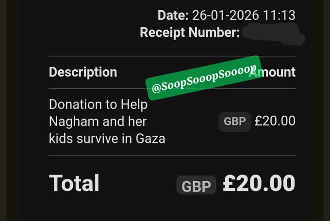 Screenshot of a donation of £20 made today, January 26th, to the chuffed campaign titled "Help Nagham and her kids survive in Gaza"