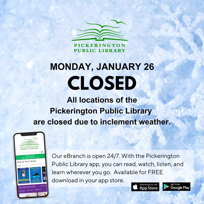 Snowflake background. Cellphone displaying the Pickerington Public Library app