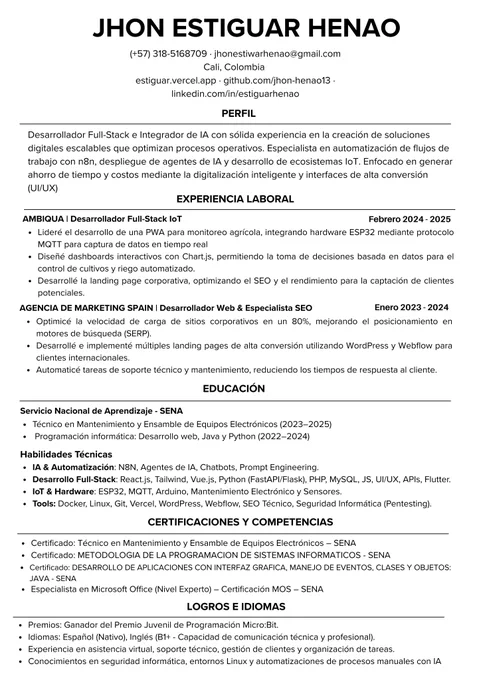 Curriculum al estilo Hardvard ATS de Jhon Estiguar