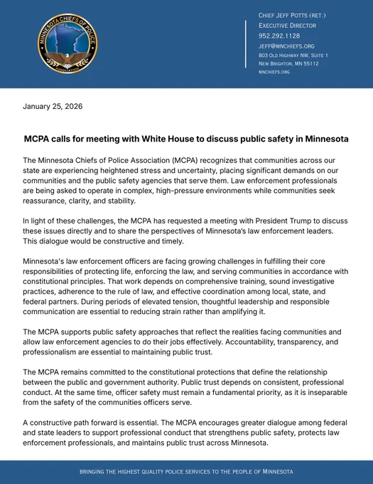 MCPA calls for meeting with White House to discuss public safety in Minnesota