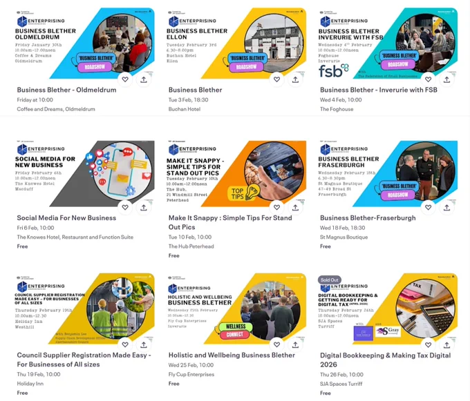 advert montage of 9 forthcoming enterprising aberdeenshire business support events.