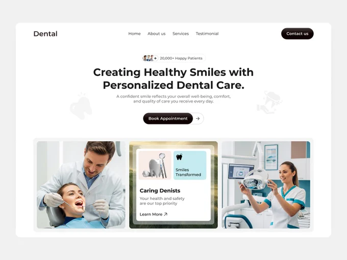 A clean and professional dentist appointment website designed to build trust and improve patient engagement. The layout focuses on easy appointment booking, clear service presentation, patient testimonials, and a modern medical aesthetic. Ideal for dental clinics looking to enhance their online presence, increase conversions, and deliver a seamless user experience across all devices.