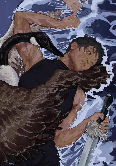 It’s a drawing of Maki lying on the beach. Her skin is tan and covered in burn scars from Shibuya and her hair black is in the short, messy stage of growing out. She is wearing her usual black turtle neck and pants and a brown belt. One hand is held above her head, locked in a half pinky promise with Mai’s rigid, paler hand, while the other grips the split soul katana at her side. A goose with a reed in its beak envelops her with its wings while the waves crash into them on the shore.