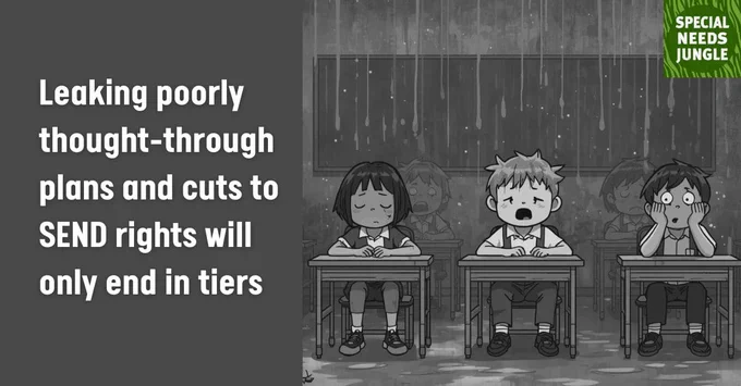 image shows AI-generated cartoon of dismayed looking children at desks being dropped on by dirty water in a dark seria duotone