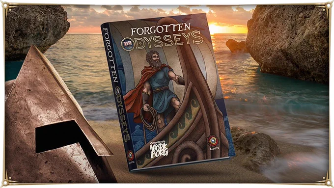 Image of the FORGOTTEN ODYSSEYS game book floating over a beach at sunset beside a Bronze Age Greek helmet
