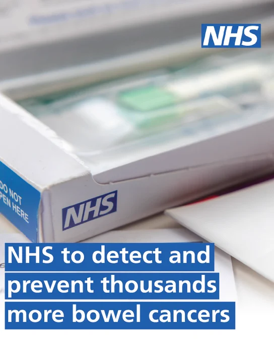 Close-up of an NHS bowel cancer screening kit in a white box. Copy reads: NHS to detect and prevent thousands more bowel cancers. NHS logo is in the top right corner.