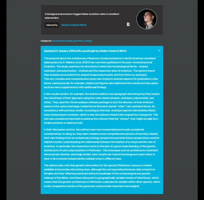Image shows part of a preLights post highlighting a preprint titled ‘Loss of a morph is associated with asymmetric character release in a radiation of woodland salamanders'. In a dark-grey box, you see a summary written by Stefan Friedrich Wirth: “A biological phenomenon triggers faster evolution rates in woodland salamanders”. In a blue box below, you see the postLight Stefan recently added comparing the preprint with the published paper now published in Evolution.